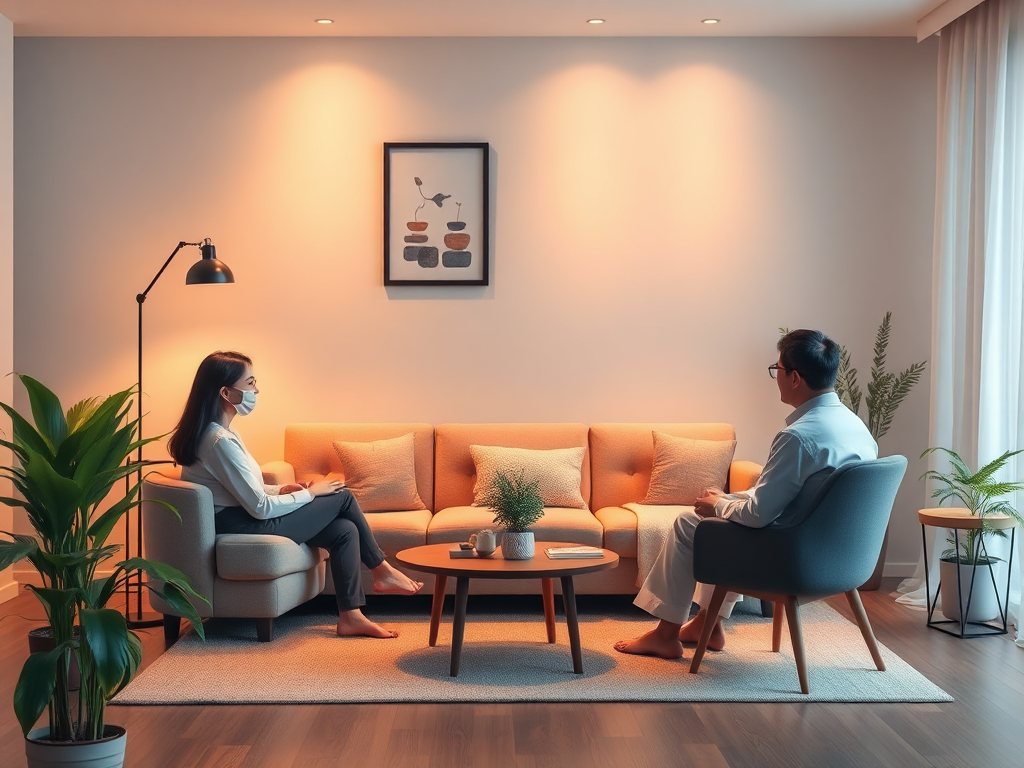 Ruang terapi psikologi yang tenang di Lidan Psikologi dengan sofa nyaman, pencahayaan hangat, dan psikolog klinis sedang melakukan sesi konseling dengan pasien dewasa
