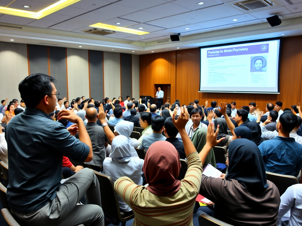 Ruang seminar besar Lidan Psikologi dengan peserta yang antusias, psikolog sebagai pembicara di podium, layar presentasi menampilkan materi psikologi, dan suasana pembelajaran yang interaktif