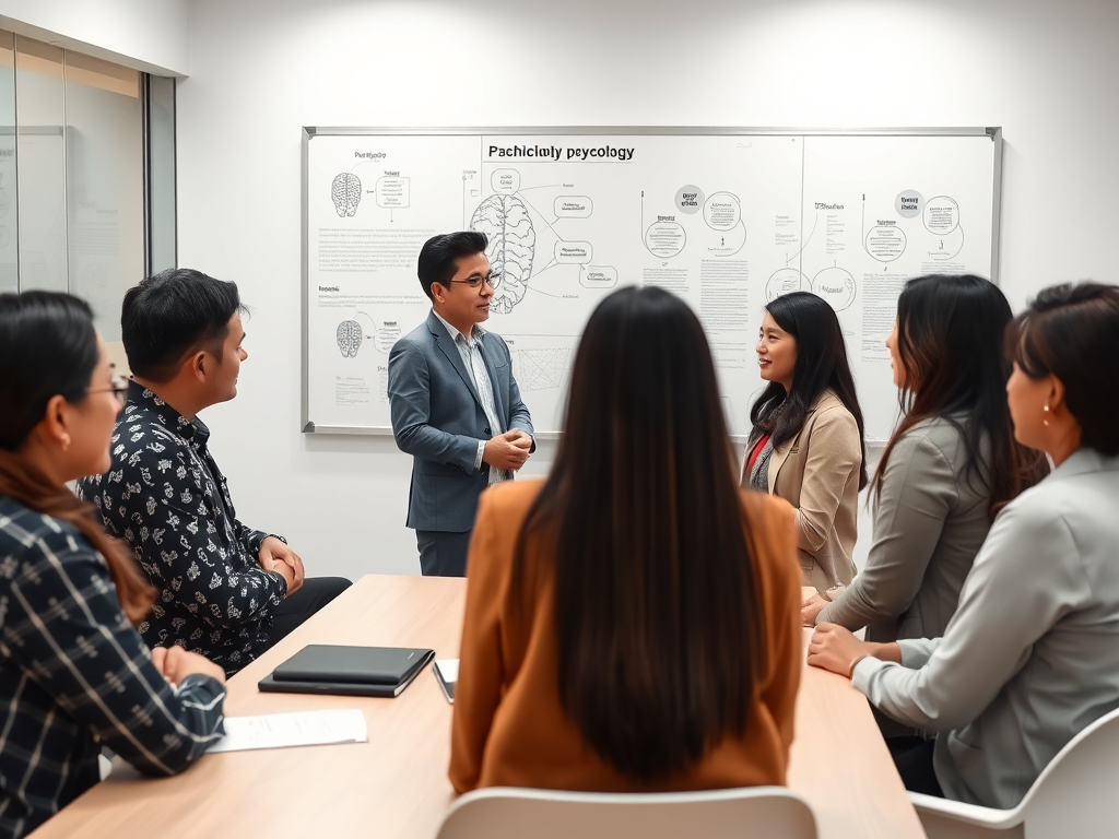 Tim psikolog multidisiplin Lidan Psikologi sedang berdiskusi di ruang meeting modern dengan whiteboard berisi diagram psikologi, menampilkan keragaman keahlian dan kolaborasi profesional